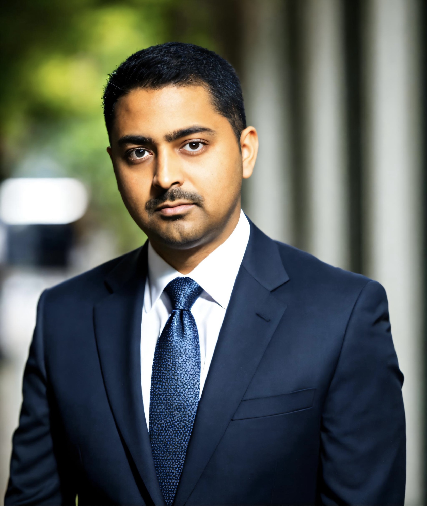 A professional portrait of Aashay Vora, a Regulated Canadian Immigration Consultant, dressed in a dark suit and tie, with a serious expression, standing outdoors with a blurred background.