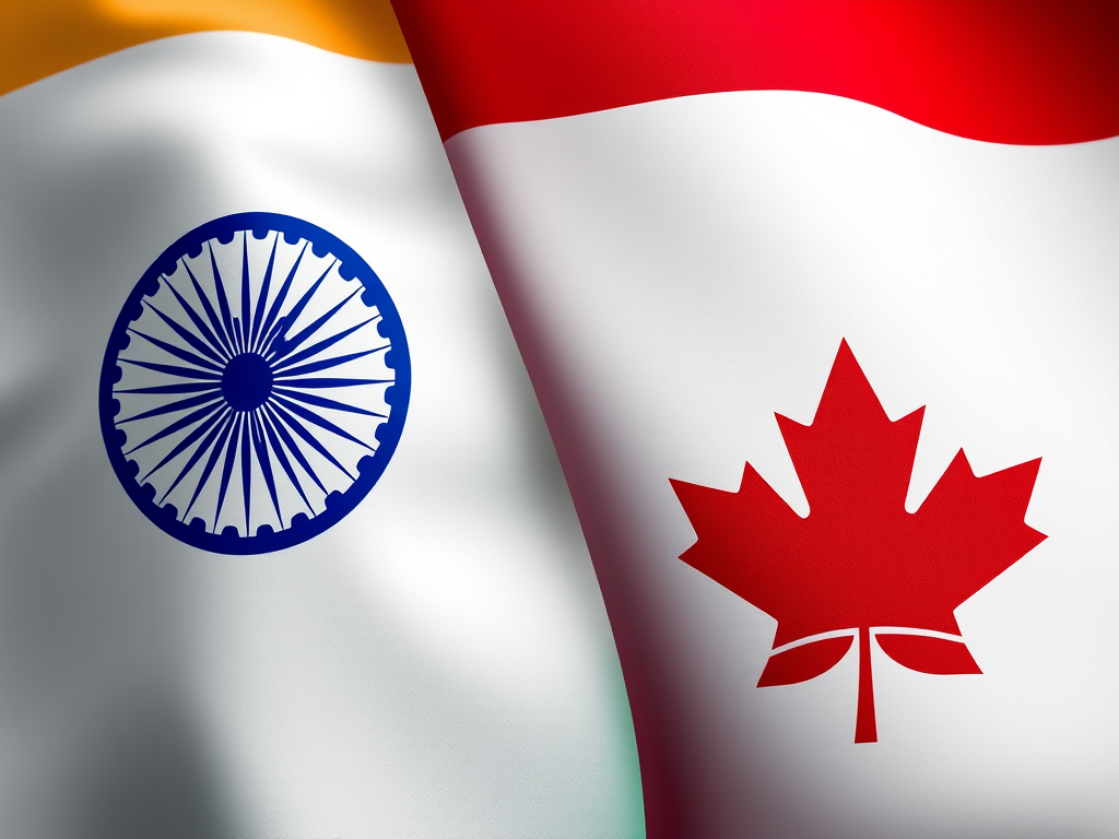 Close-up of the flags of India and Canada, displayed side by side, showcasing the national symbols and colors of both countries.